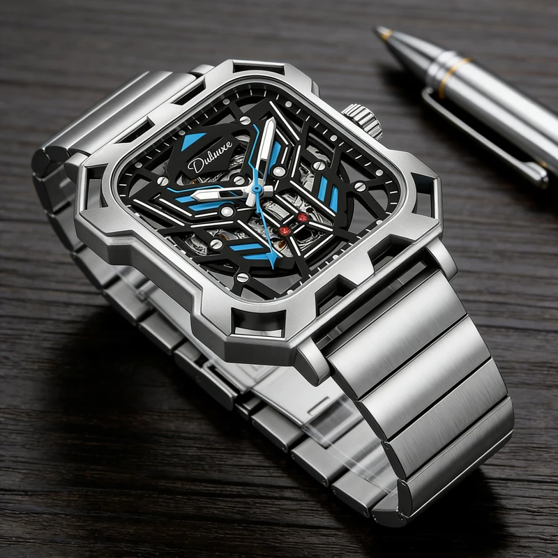 2026 Square Skeleton Dial Automatic Watch Men Luxury Mechanical Men's Watches Luminous Waterproof Solid Steel Strap Relogio