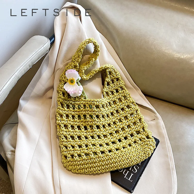 

LEFTSIDE 2025 New Summer hollow out Knitting Bag Woven Hand Bag Beach Shoulder Bag Holiday Travel Handbag Woven Shoulder Purse