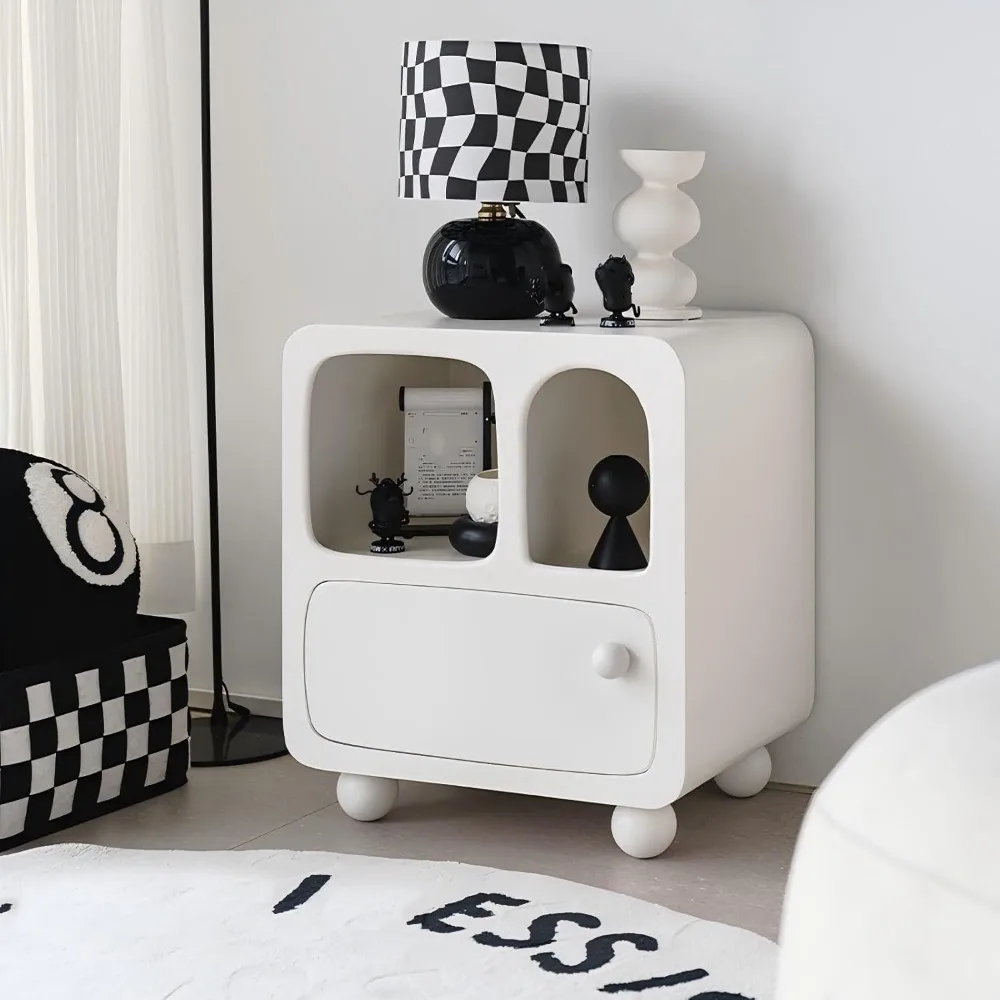 منضدة بيضاء معاصرة مع رف مفتوح ودرج، طاولة نهاية مدمجة للاستخدام بجانب السرير #5