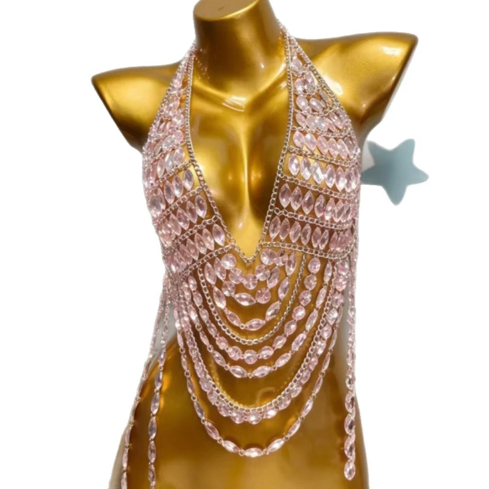 Wholesale White Blue Gold Rhinestone Beaded Bra Tops Breast Chain Backless Halter Camis Multi-layer Sexy Party Show Body Jewelry