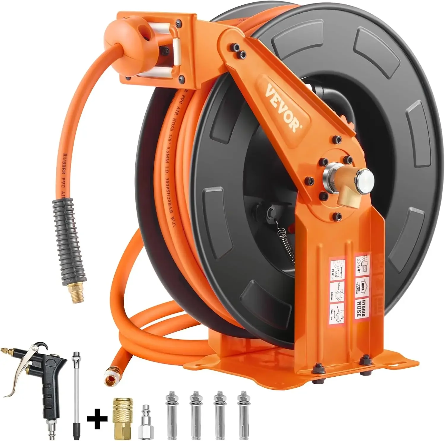 Retractable Air Hose Reel with Double Arms, 3/8 IN x 65FT Hybrid Air Hose Max 300PSI, Air Compressor Hose Reel with 5FT Lead in