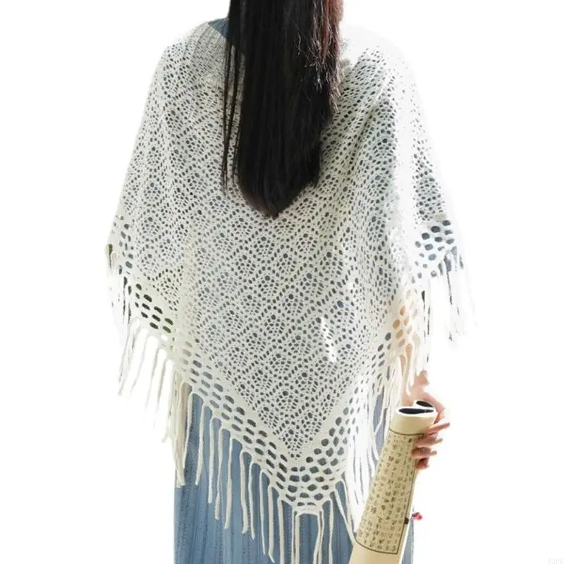 Hand Crochet Shawl Hollowed Fringed Shoulder Cover for Female Various Outfit