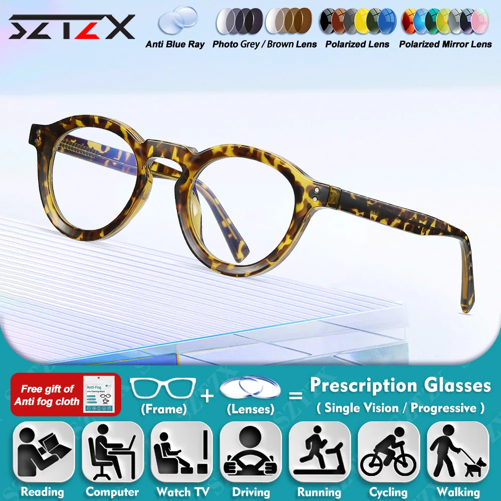 

SZTZX Trendy Women Round Myopia Prescription Photochromic Glasses High Quality Blue Light Filter Reading Progressive Eyeglasses
