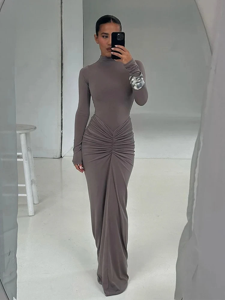 Damska klasyczna sukienka maxi z marszczeniami, nowa jesienna, gładka, z długim rękawem, wysoki kołnierz, modelująca sylwetkę, sukienki damskie, zwięzła, modna szata.