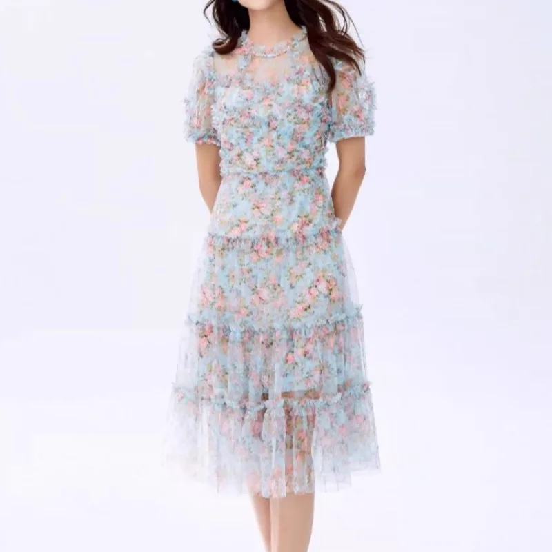 Blue Floral Printed Mesh Dress Women O-neck Short Sleeve Tiered Ruffles Elegant Vintage Clothing Lady Party Vestidos Bodycon