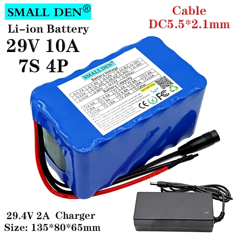 29V 10Ah 18650 Lithium battery pack 7S4P 400W Motor For Electric tools scooter lawn mower built-in 15A BMS + 29.4V 2A Charger