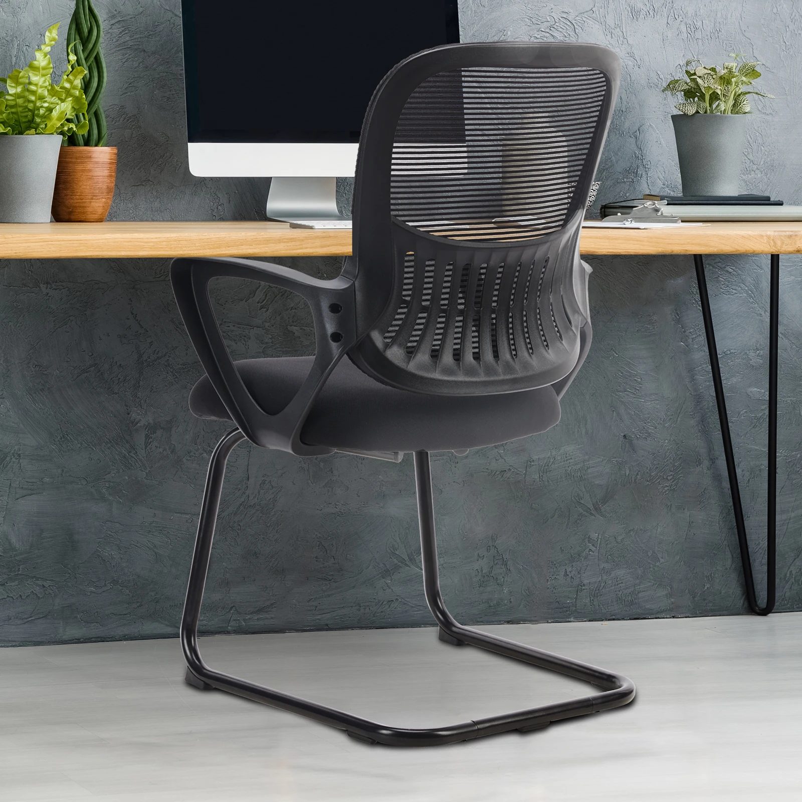 

JHK Ergonomic Office Chair No Wheels with Comfy Armrest and Mesh Lumbar Support Back Basket Design for Guest Reception