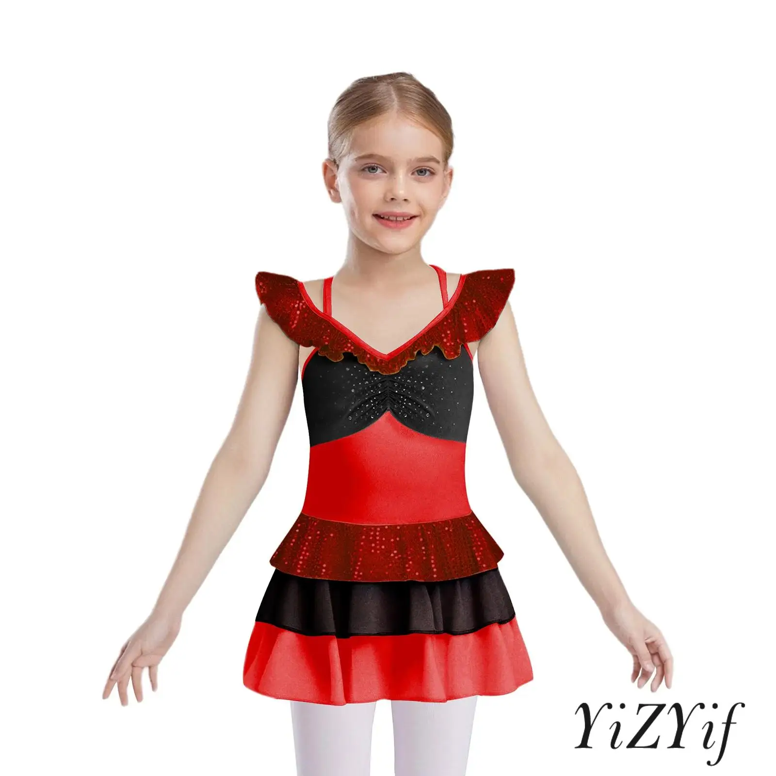 

Children Girls Figure Skating Costume Shiny Sequins Rhinestones Cross Back Design Ballet Dress Ballet Latin Lyrical Dancewear