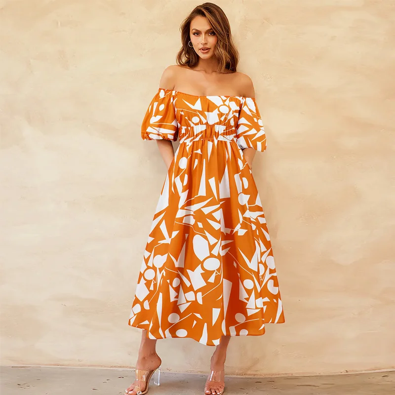 

Off Shoulder Sexy Female Dresses Short Sleeve Printing Long Dresses For Women Slim Summer Clothes Women 2024 Beach Wholesale