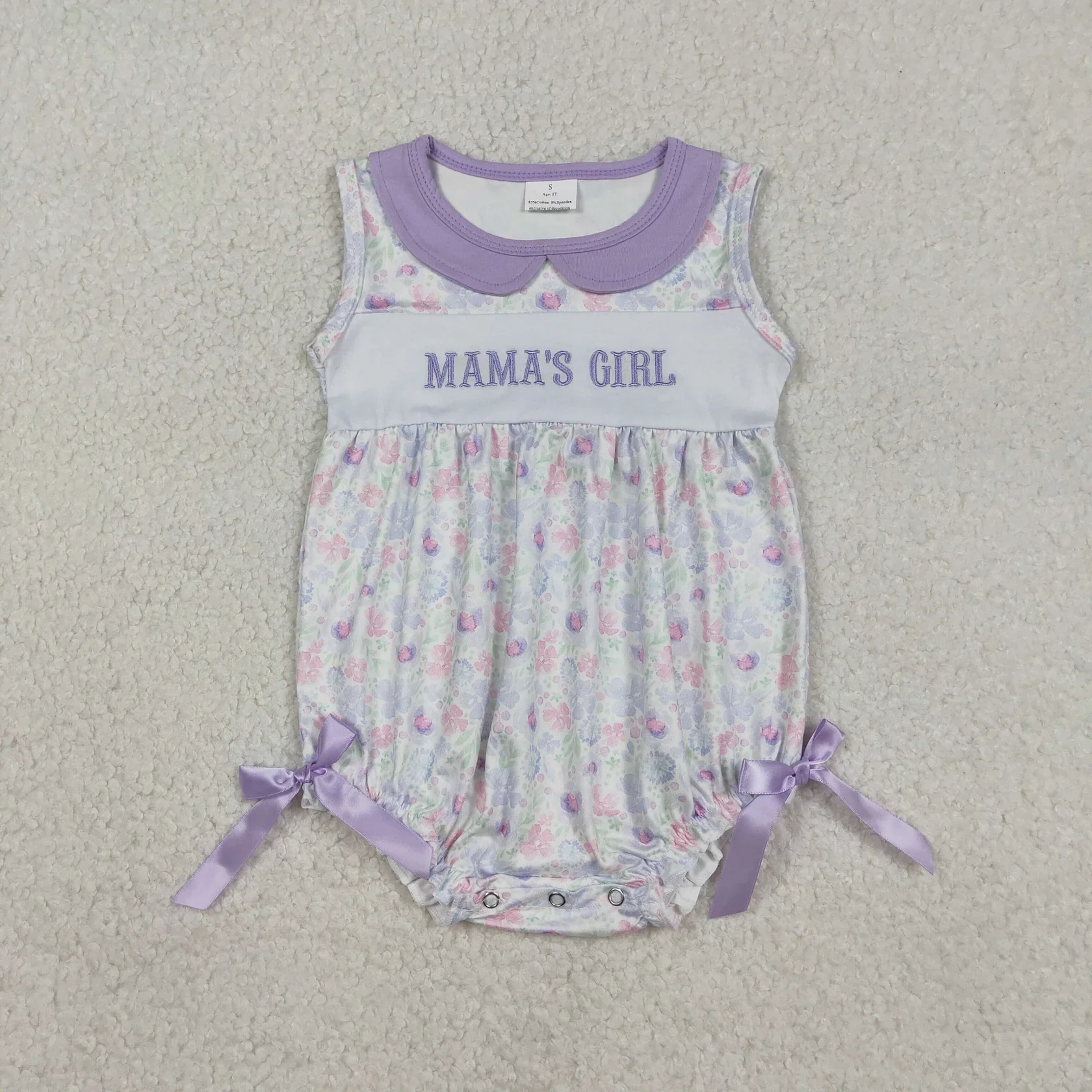 Wholesale Newborn Sleeveless Embroidery Bubble Romper Toddler Kids Flower Clothes Baby Girl Children Purple Bows Mama's Romper