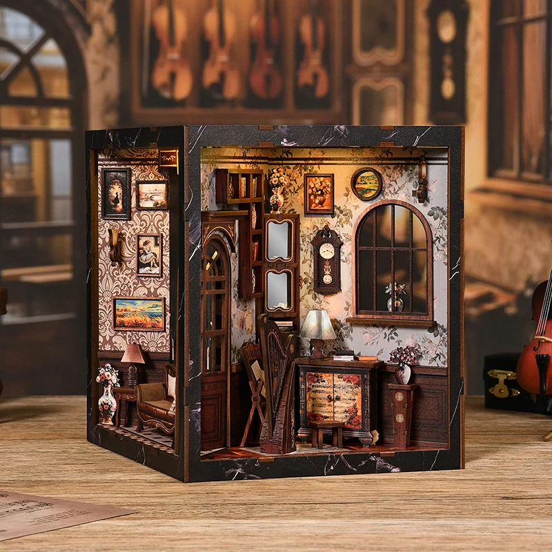 FurHaven Retro DIY Wooden Book Nook Figurines Miniature Kits Musicallnstrument Box Bookshelf Home Bookend Decoration Gifts