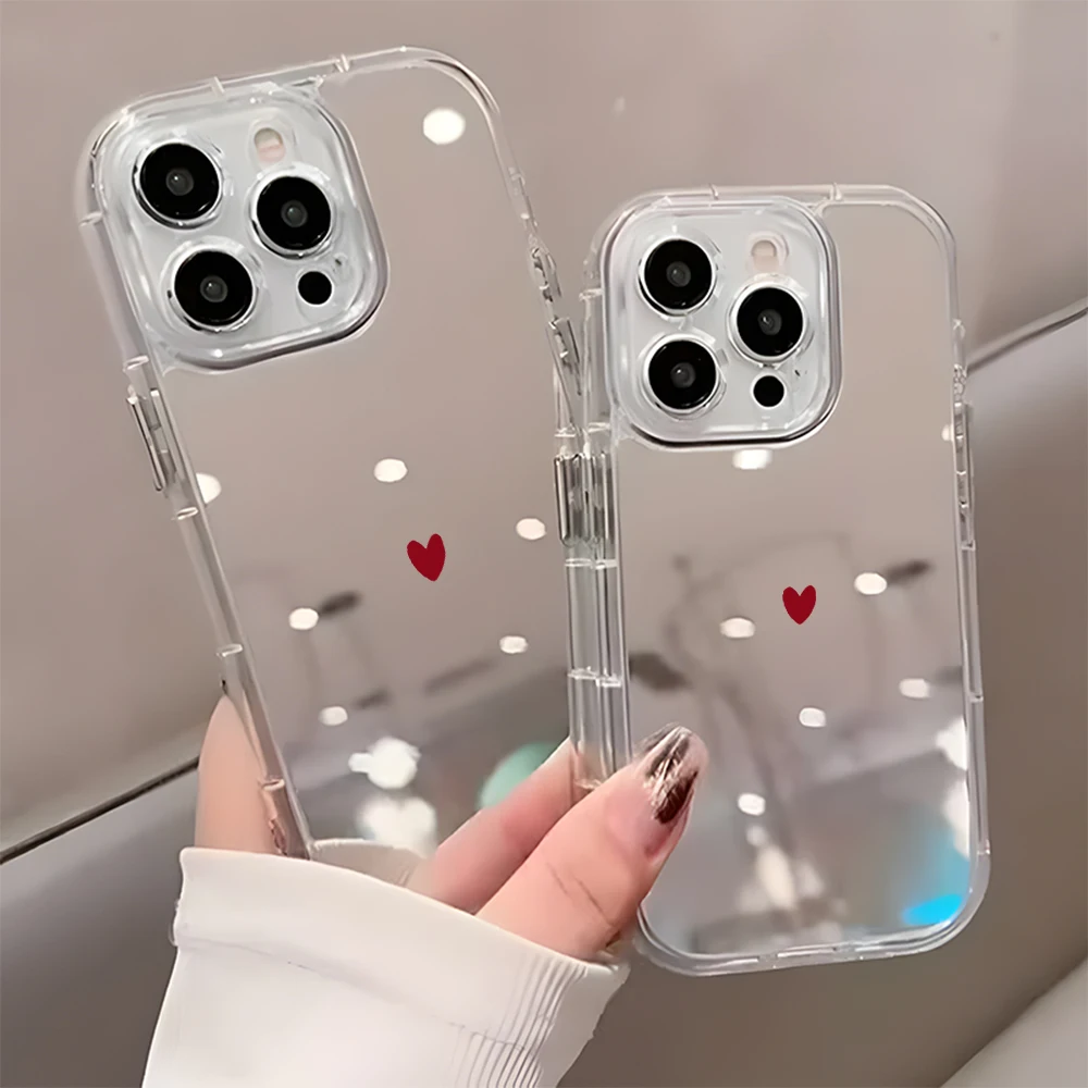 Cover Morbida Minimalista con Motivo Cuore Rosso per iPhone 17 16 15 14 13 12 11 Pro Max 17 Air X XR XS 7 8 Plus con Specchio Posteriore