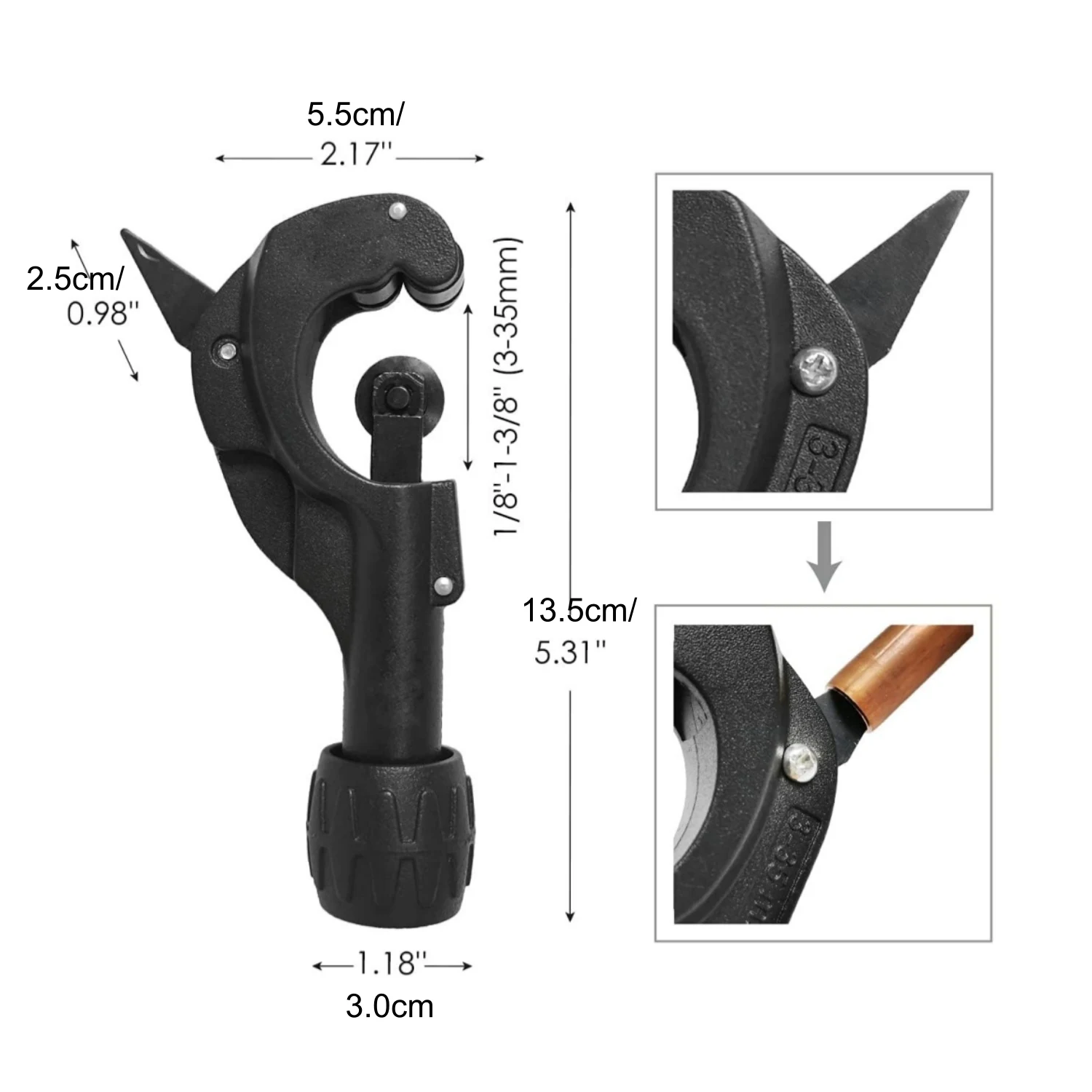 Rohrschneider 1/8"-1-3/8" OD (3-35mm) mit klappbarem Entgrater und Reibahle für Kupfer-, Messing-, PVC-, PE- und dünnwandige Edelstahlrohre für HVAC- und Sanitärinstallationen – Detail 4