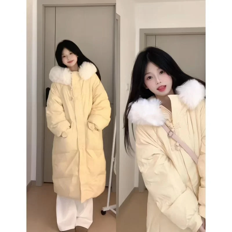 Long Down Cotton-padded Coat Female 2024 Winter New Korean Version Of Knee-length Cotton-padded Coat Loose Padded Fur Collar Top