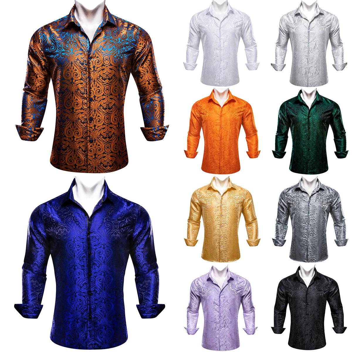 Luxury Shirts for Men Long Sleeve Silk Gold Blue White Black Red Green Purple Silver Paisley Embroidered Casual Blouses Lapel