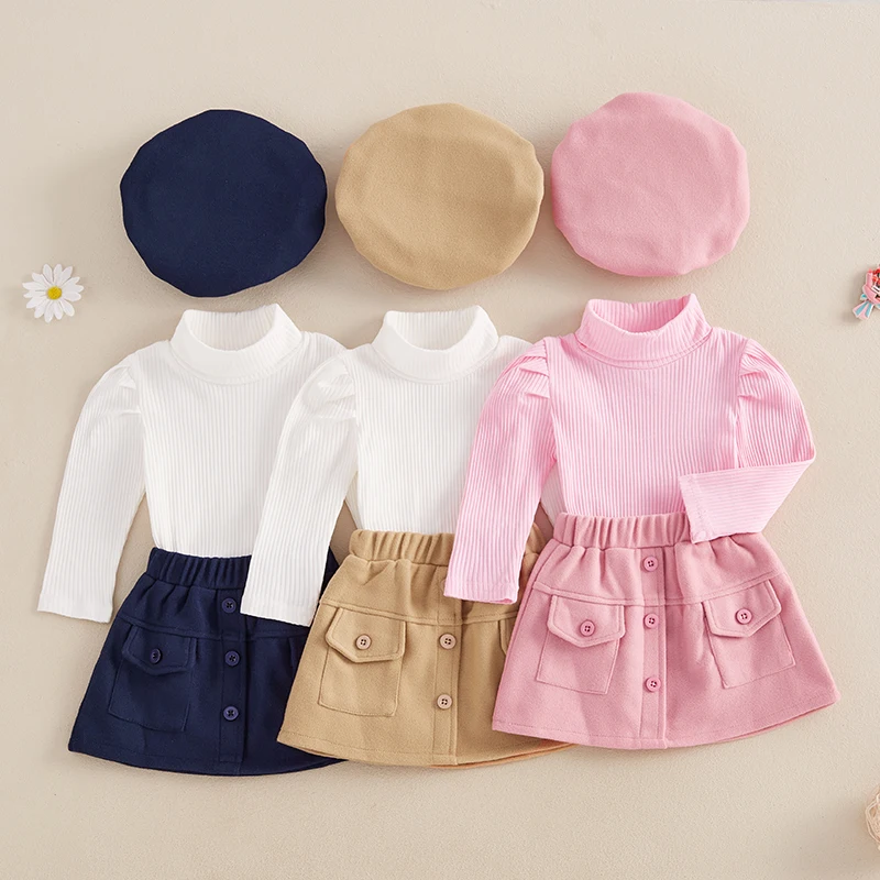 Kids Girls Fashionable 3Piece Outfits Solid Color Long Sleeve Ribbed Tops and Button Elastic Waist Skirt Beret Hat Cute Fall Set