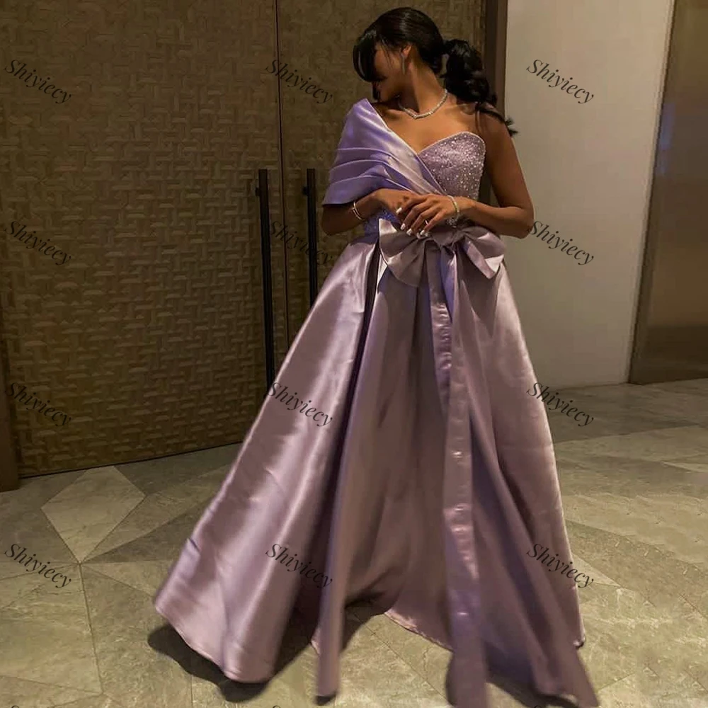 Shiyiecy Sweetheart Evening Dress A-Line Pleats Satin Sequined Saudi Arabia One Shoulder Prom Gowns with Bow Robes De SoiréePhor