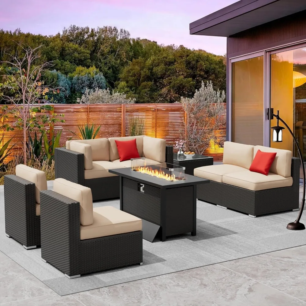 8-Piece Outdoor Patio Furniture Sets with 45” Propane Gas Fire Pit Table, All-Weather Black Wicker Rattan Sectional Sofa