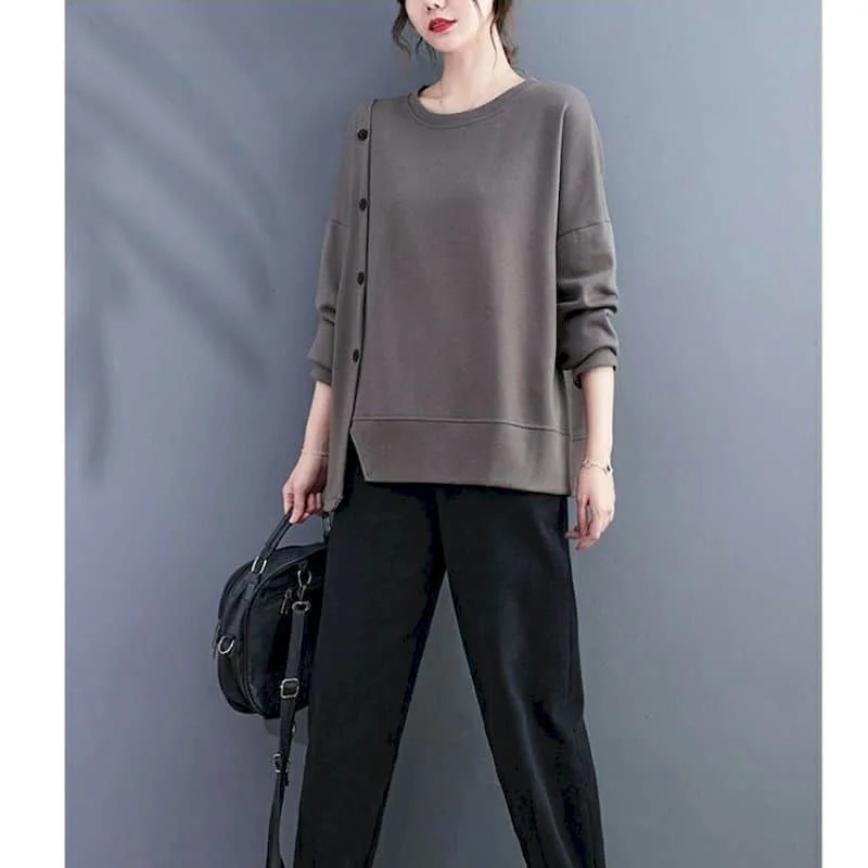 

Solid T-Shirts for Women O-neck Casual Female Pullover Long Sleeve Aesthetic Tops Asymmetric Button Design Vintage Women Clothes