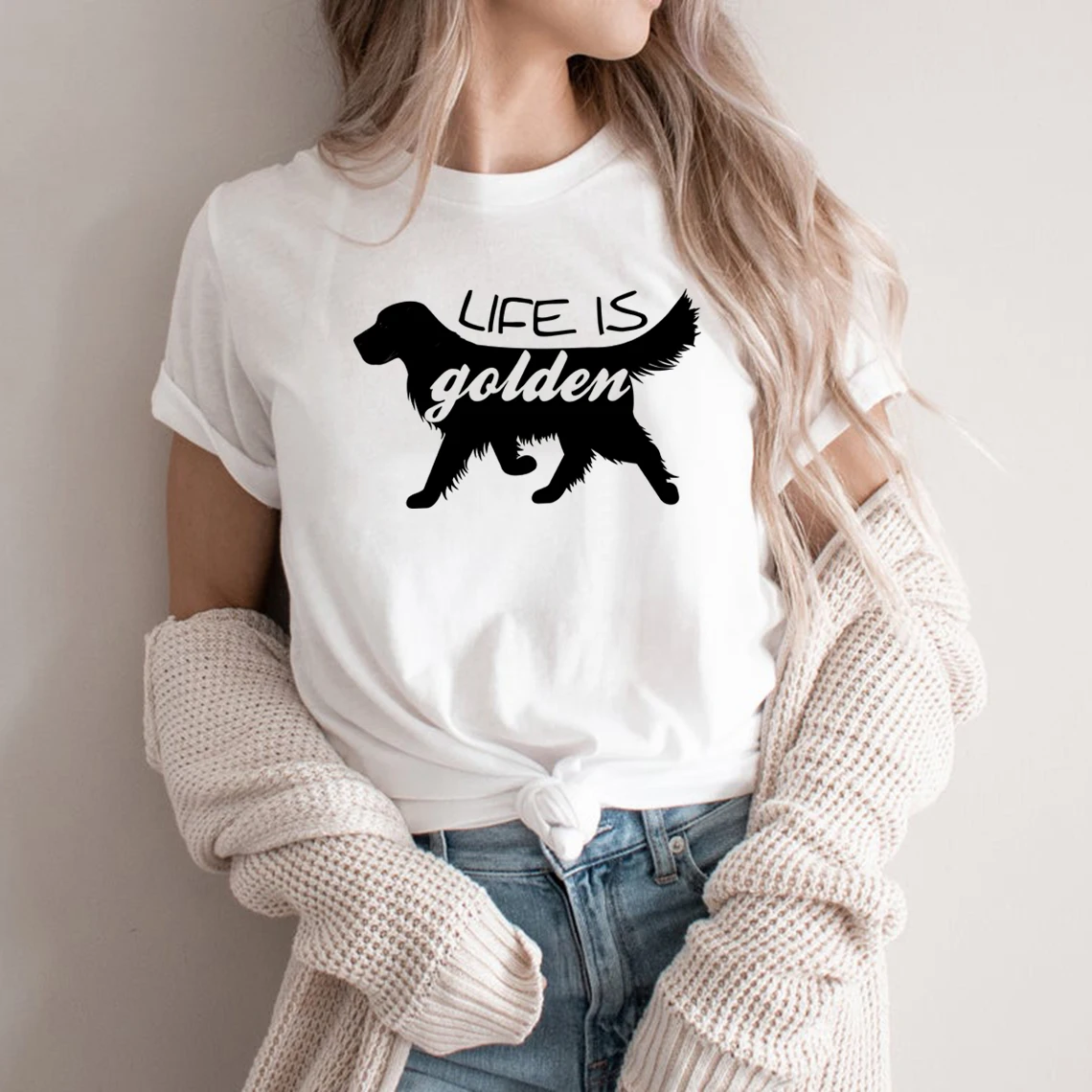 

Golden Retriever T-Shirt Life Is Golden Shirt Women Short Sleeve Graphic Tees Cute Dog Mom Tshirt Casual Streetwear Tops