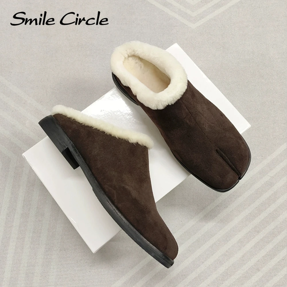 Smile Circle Women Tabi Shose Suede Leather Warm Wool Mule shoes Winter Round-toe Casual Flat Shoes