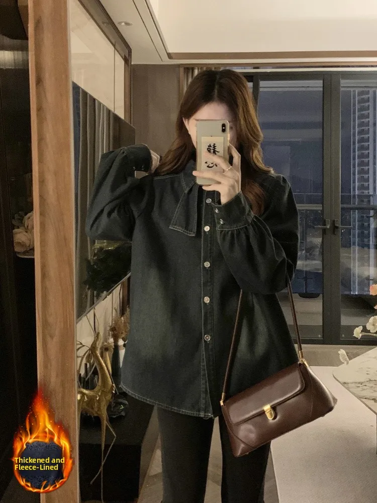 

Women's Fce Lined Denim irt Knot Loose Base Layer Top Korean Sle Long Sve Collar Button Detail