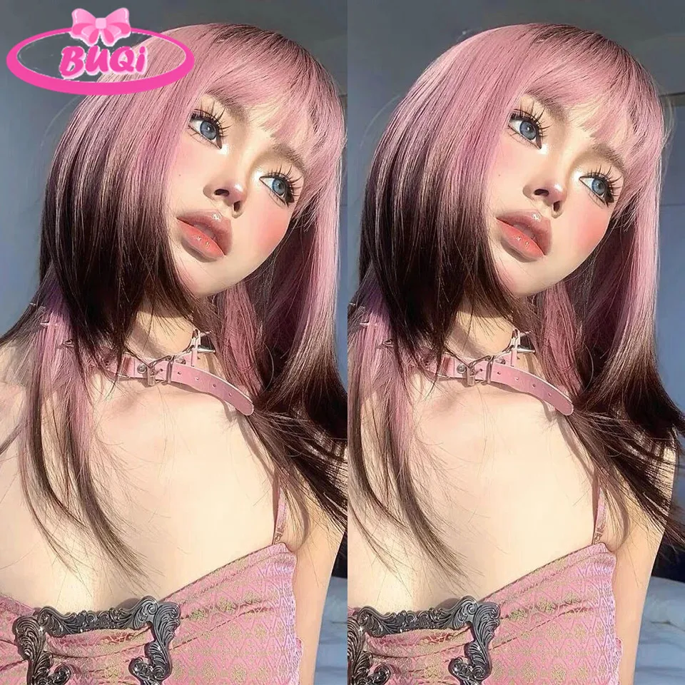 BUQI Wig Lolita keriting panjang bergelombang dengan poni Wig merah muda Ombre sintetis Wig Cosplay Halloween pesta Wig wanita serat tahan panas