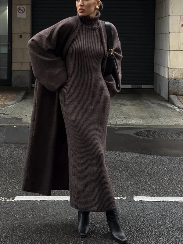 

Женский облегающий длинный кардиган с высоким воротником, халат, пальто, свитер, осенний повседневный комплект с высокой талией, длинные топы све