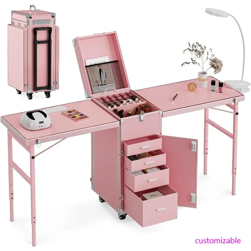 

Portable Nail Table Desk, Foldable Rolling Manicure Table with Wheel, Makeup Train Case for Nail Teach, 2 Desktop