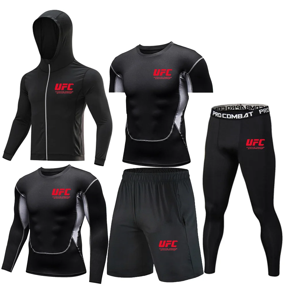 UFC Fighting Fans Men's Tight Elastic T-shirt Five Piece Set Summer Outdoor Sports Fashion Fitness Top Sunscreen Set