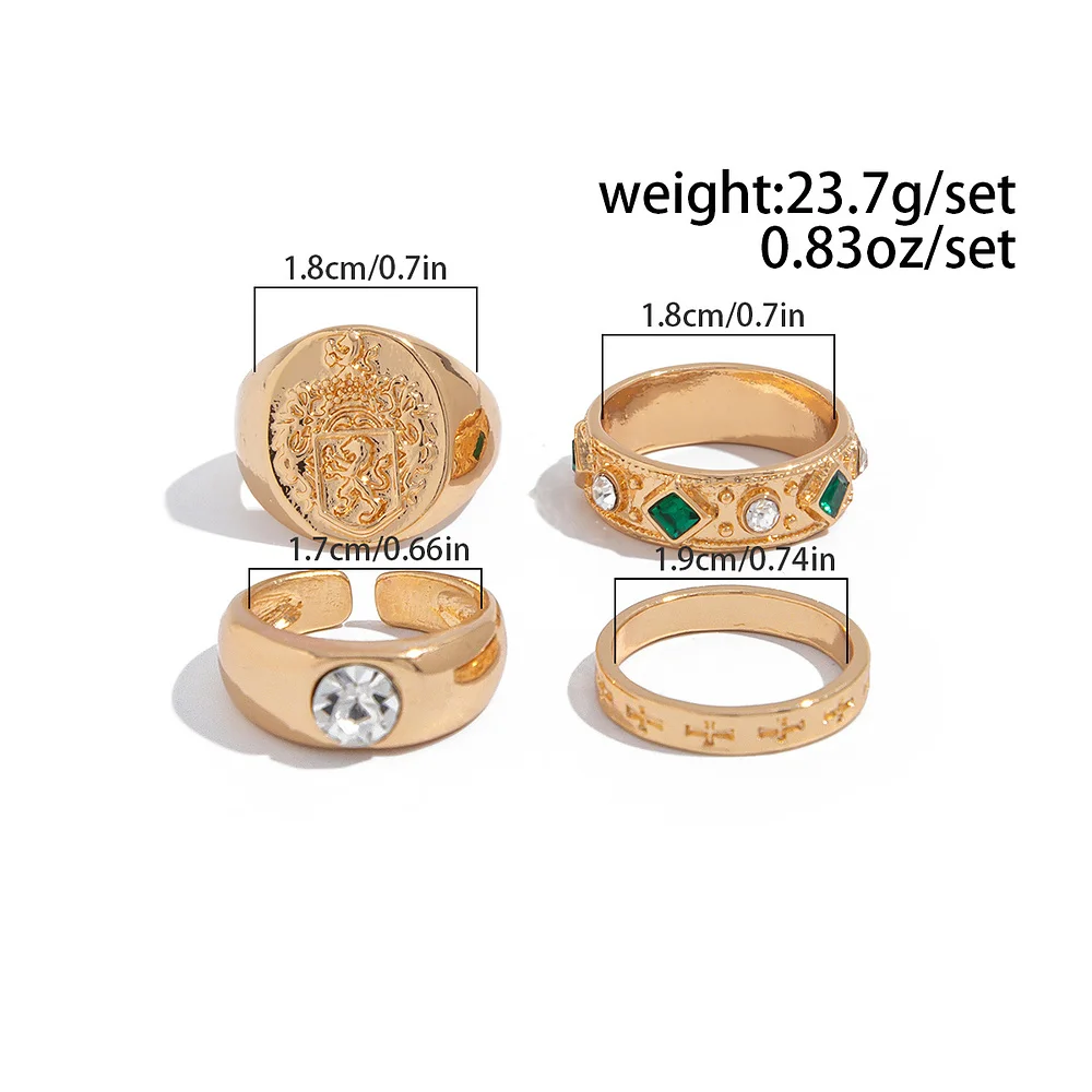 Grüner Stein-Wappenring-Set für Herren, goldfarbener Ring, silberfarbene, gravierte Bänder, Vintage-Königs-Siegelring, Schmuck, Hip-Hop-Geschenk – Detail 6