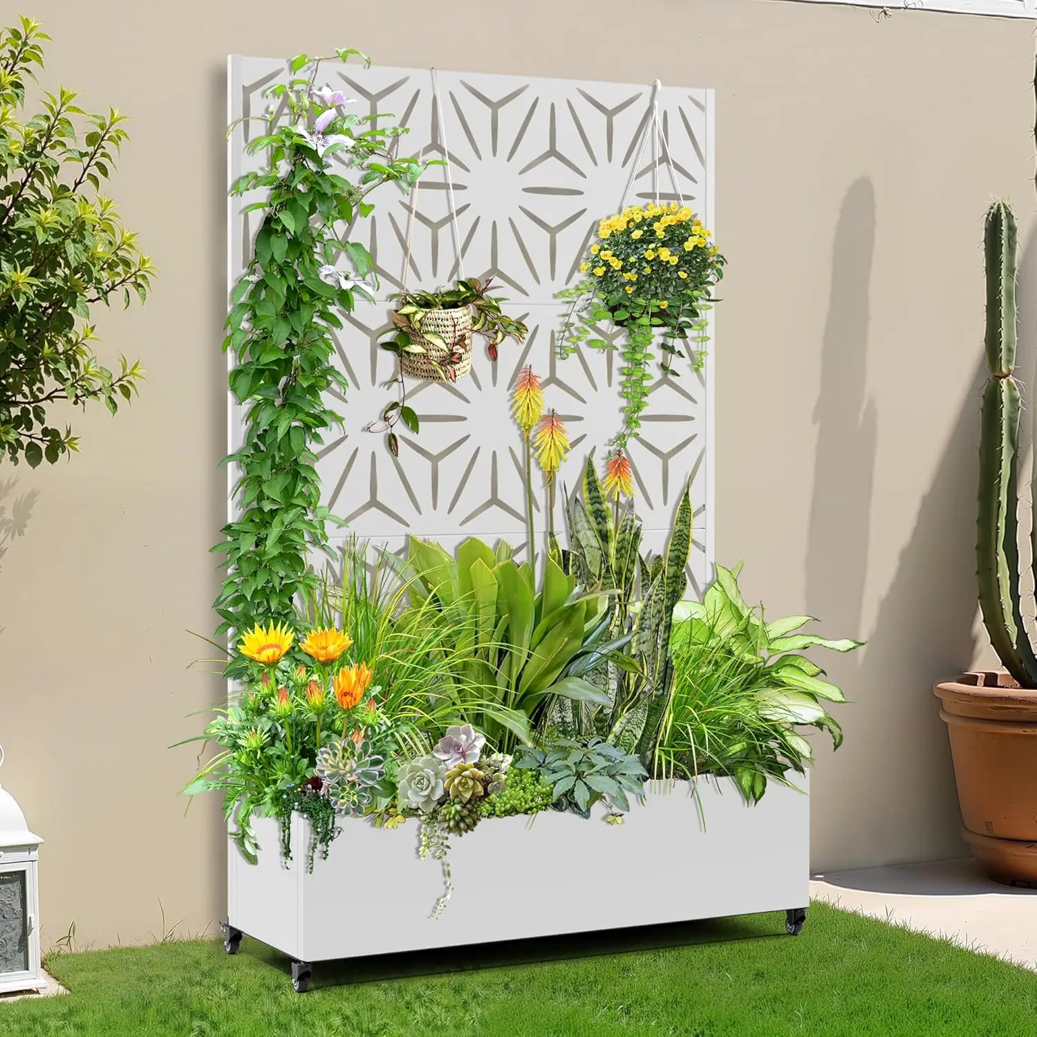 

Raised Garden Bed with Trellis and Wheels,73"x47"x16" Metal Raised Garden Bed,White Star Metal Planter with Climbing Trellis for