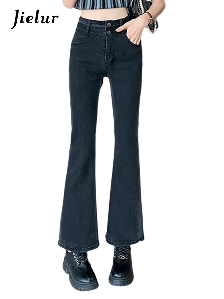 Jielur-pantalones vaqueros básicos informales para mujer, vaqueros de estilo Preppy, Retro, de cintura alta, ajustados, de pierna ancha, color negro, Primavera