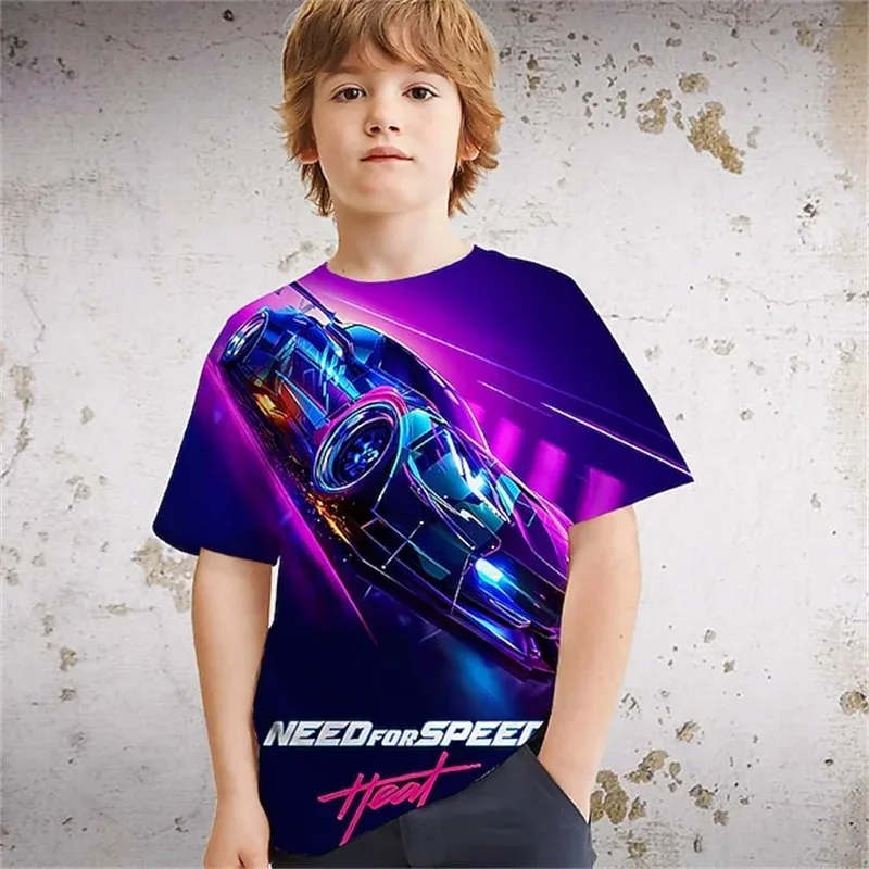 Kids 4-14 years old summer racing 3D printed T-shirt, short-sleeved sports active kids casual trend T-shirt