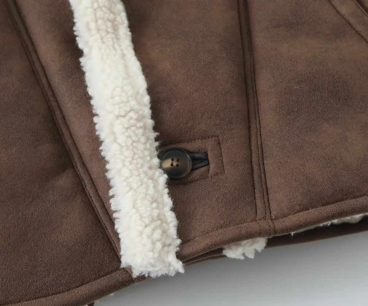 Dave&Di Nordic Minimalistyczna Jesienno-Zimowa Kurtka Damska Zamszowa Luźna Kurtka Zimowa Płaszcz Zamszowy Luźny Płaszcz Damski ze Skóry Jagnięcej