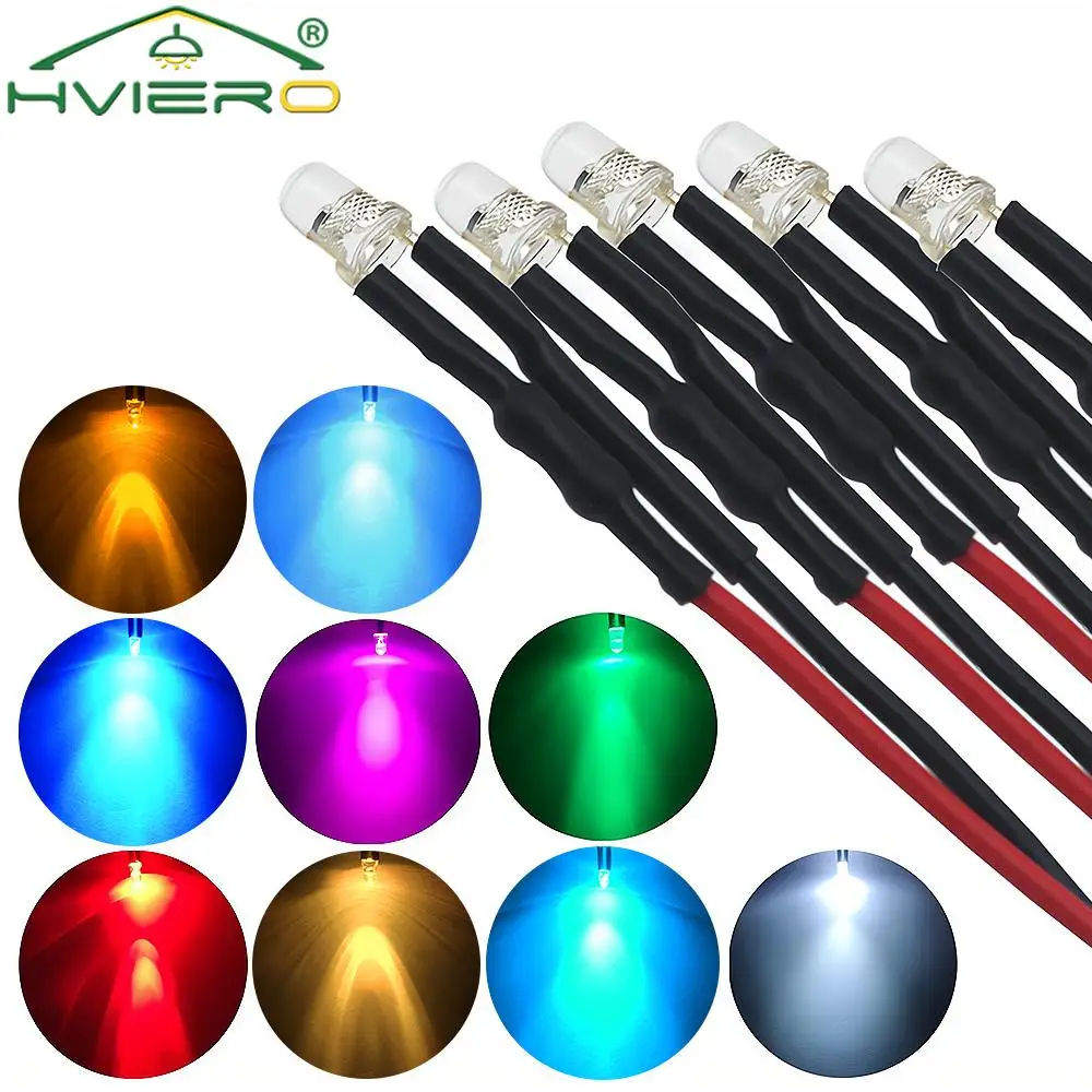 

5X Min F3 3mm 20cm Pre Wired LED Round Light Lamp Bulb Chip Beads Cable DC 12V White Warm Red Green Blue Yellow Emitting Diodes