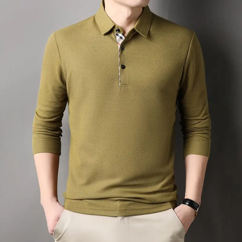 

Spring Autumn New Simplicity Solid Color Polo Shirts Men Temperamentpatchwork Turn-down Collar Fashion T-Shirt Men's Clothing