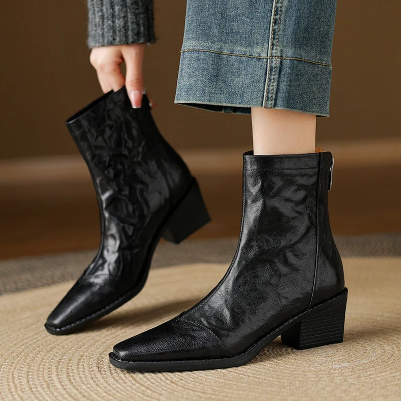 NEW Autumn/Winter Women Boots Genuine Leather Shoes for Women Square Toe Chunky Heel Boots Zip Western Boots Concise Daily Shoes