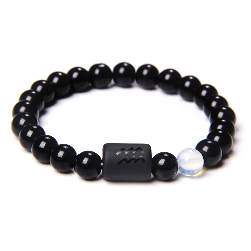 Pulsera de cuentas de 12 signos del zodiaco de constelación para parejas, pulsera elástica de piedra de ónix negro Natural para mujeres y hombres, regalo de cumpleaños
