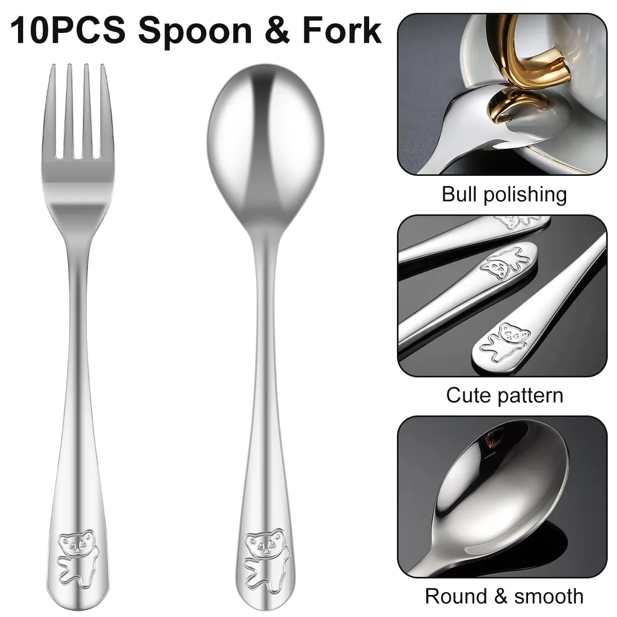 10/20/30Pcs Kids Fork and Spoon Set Stainless Steel Kids Silverware Ergonomic Toddler Utensils Cute Cartoon Bear Kids Flatware
