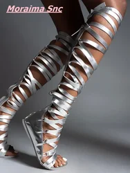 Cross Strap Knee High Leather Sandal Boots Flat With Back Zipper Silver Solid Sexy Women Shoes Summer Roman Style Fashion Newest