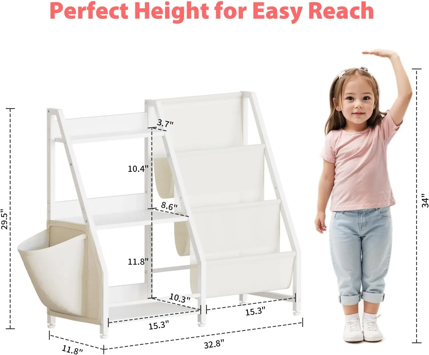 3 Tier Kids Bookshelf and Toy Storage, Kids Book Sling Shelf, Montessori Baby Toddler Bookshelf for Kid, Kid Bookcase, T