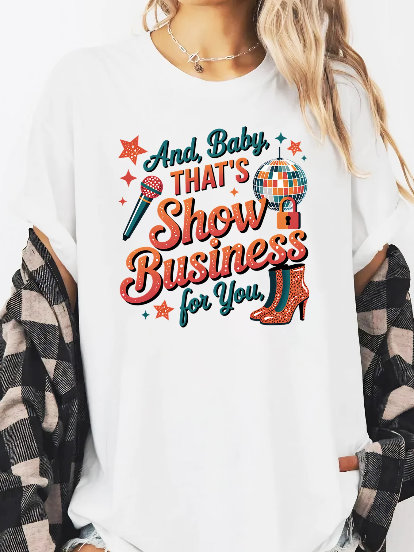 Show Business Print Graphic Tee Halloween Women's Casual Party Wear White Plus-size