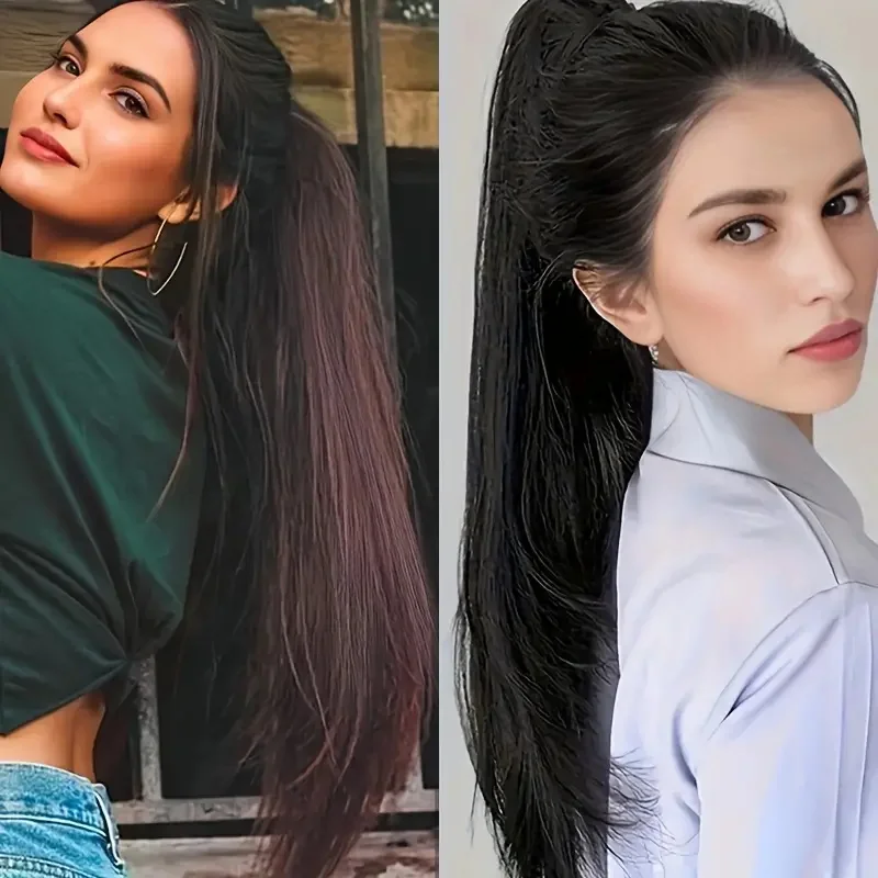 Extensión de cabello sintético para mujer, cola de caballo ligeramente deformada, larga y recta, resistente al calor