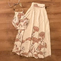 Two Piece Set Women Outfit Summer 2024 Fashion Floral Print Backless Halter Top & Pleated Skirt Set Casual Vacation Women's Suit