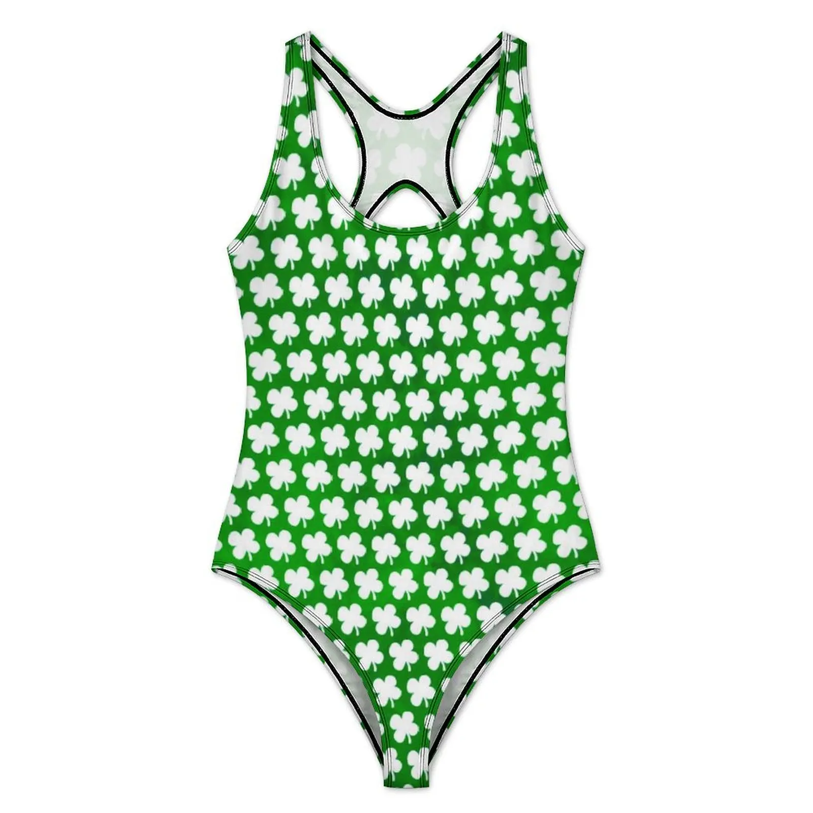 St Patricks Day Swimsuit Sexy Four Leaf Lucky Shamrock Ladies Swimwear One Piece Bodysuit Beach Push Up High Cut Bathing Suits