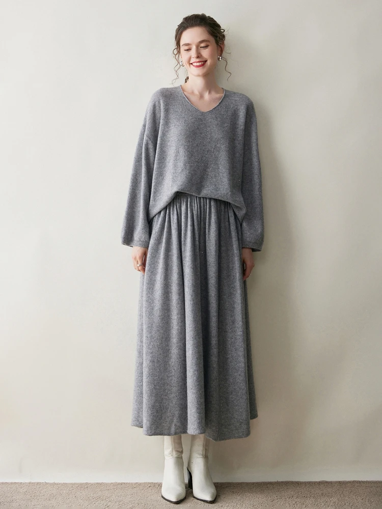 

Chic High Waist Solid Color Sequin A-line Skirt High Quality Women's 100% Cashmere Knitted Skirt Autumn Winter Casual New Skirt