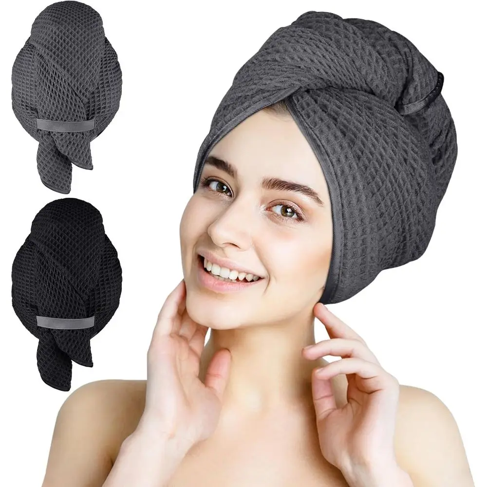 2 Pack Large Microfiber Hair Towels - 40 x 26.5 for Long, Thick, Curly Hair - Anti-Frizz Wrap with Elastic Strap, Black/Grey