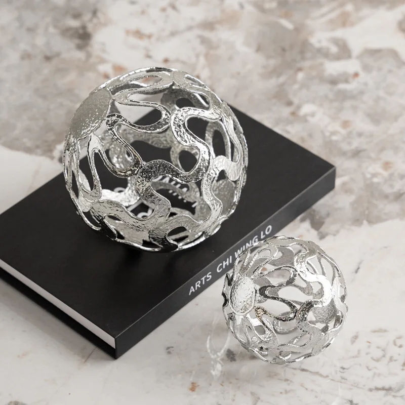 Hollow Metal Ball Wave-shaped Silver Ball Sphere Silver Circle Metal Handicrafts Figurine Home Decoration Accessories