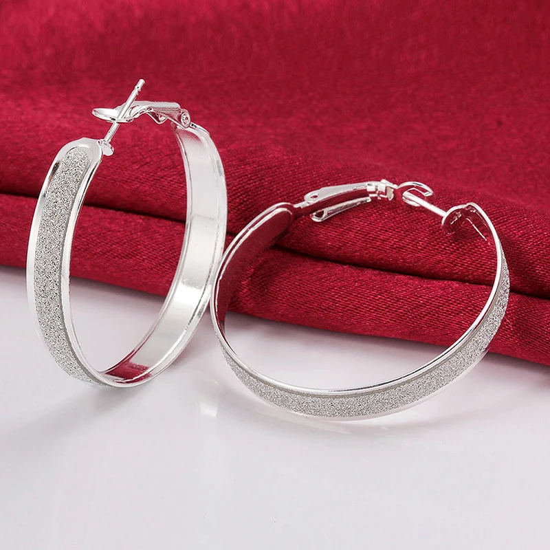 100% 925 Sterling Silver Hoop Earring For Women 40MM Scrub Big Round Circle Earrings Jewelry Gift